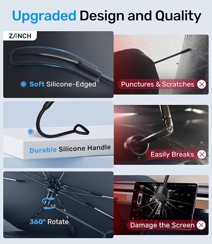 Zanch 2026 Upgraded Car Windshield Sun Shade [Cool Down by 75℉ ] with Heat Insulation Coating, Foldable Sunshade Umbrella with Flexible Handle & Ribs, Extra Small (51''x29'') for Compact Cars - Image 6