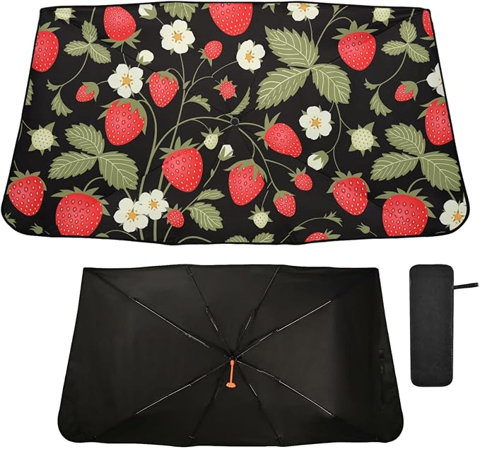 Strawberry Windshield Sun Shade Umbrella Fruit Flowers Leaves Foldable Car Front Window Sunshade Blocks UV Rays Heat Keep Vehicle Cool (55" x 27.5") by Oarencol