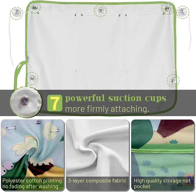 DIZA100 Car Window Shade for Baby, 2 Pack Car Sun Shades with Storage Pockets Car Window Curtain 7 Suction Cups Dinosaurs Pattern for Sun/Heat/UV Rays Protection - Image 4