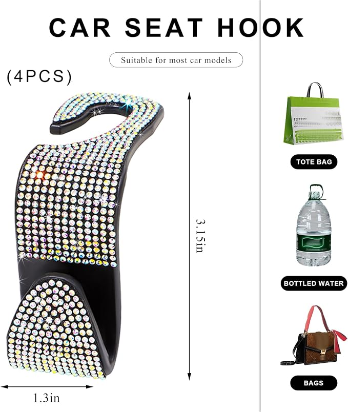4 PCS Car Seat Headrest Hooks, Bling Crystal Rhinestone Back Seat Hanger Storage Organizer, Sparkly Seatback Holder Hooks for Purse and Bags Universal For Most Vehicles (Colorful) - Image 2