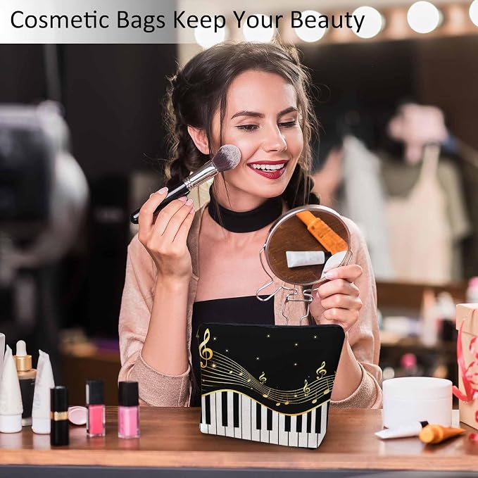 Women Makeup Organizer Bag Piano Music Notes Instrument Piano Flax Cosmetic Bag Makeup Bags Toiletry Bag Accessories Organizer Travel Bags For Home Bathroom Office Hotel Gym Black Golden - Image 2