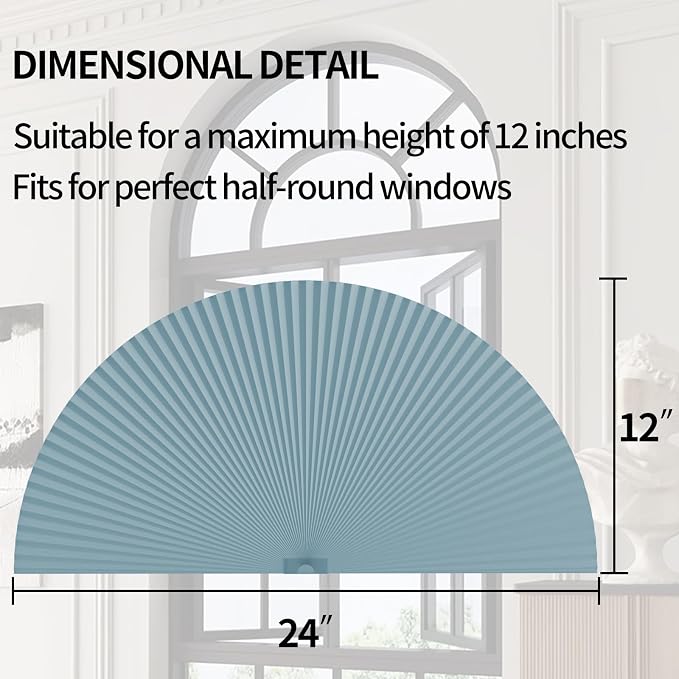 Myshade Arch Window Shades Half Circle Light Filtering Cellular Shades Cordless No Drill Blinds for Windows Half Moon Honeycomb Fabric No Tools Shades Easy Install (1PCS Blue 24" W X 12" H) - Image 3