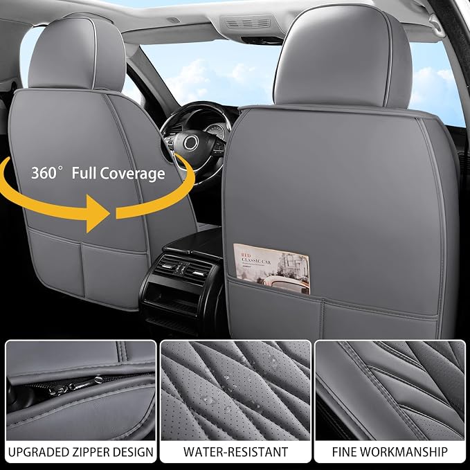 WELLDO Nappa Faux Leather Car Seat Covers Full Set, Gray | Waterproof, Non-Slip Seat Protector, 0.28in Thickened Cushion, Airbag Compatible, Universal for Cars SUV Truck Pickup - Image 9