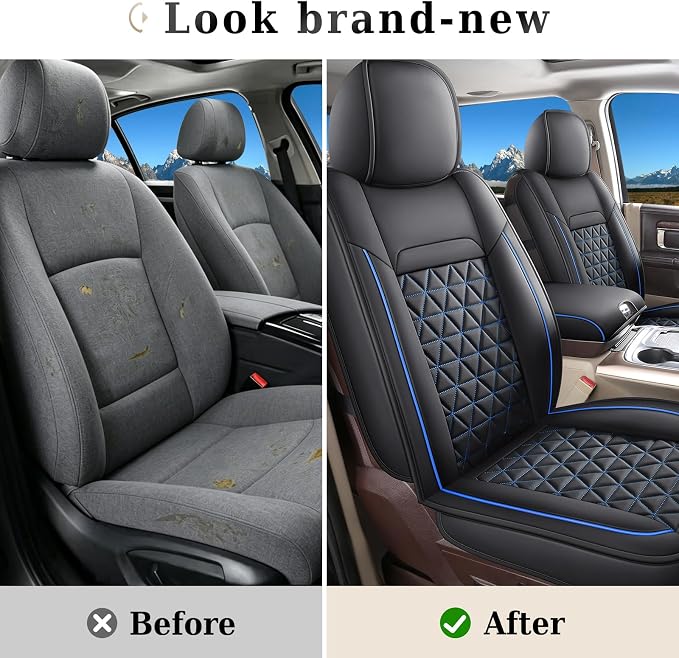 Coverado Ram Seat Covers Full Set, Waterproof Ram 1500 Seat Cover Compatible with 2002-2026 Dodge RAM 1500 2500 3500 Crew Quad Cab with Curved Bench, Black&Blue line - Image 3