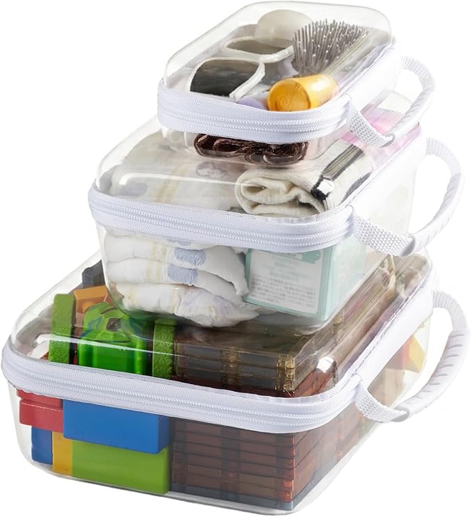 3PCS Travel Essentials for Toiletries, 1.2MM Clear Hard Shell Zipper Case | Makeup Bag for Cosmetics, Puzzles and Snacks, Clear Travel Bag for Diaper Bag Organizer, with Handles by WELPIRT