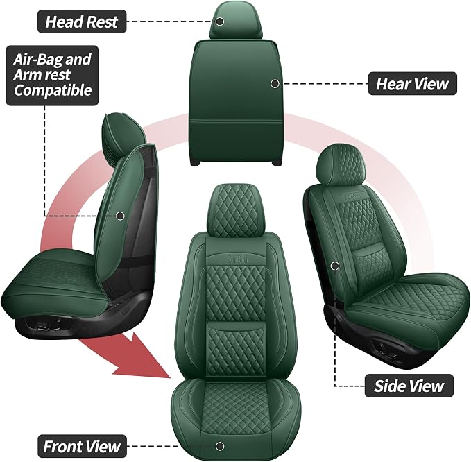 Green Thick Nappa Leather Automotive Front Car Seat Covers Set of 2 | Univerasal Fit,Lumbar Support,3D Contoured,Semi Coverage,Waterproof,ThickTexture,for most Suvs Trucks Sedans - Image 7
