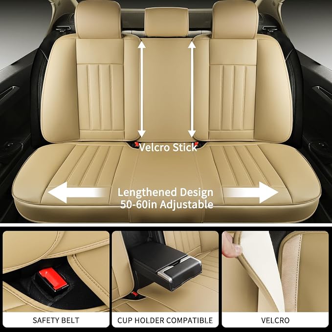 Beige Leather Seat Covers, 5 Seats Universal Car Seat Covers Full Set, Waterproof Automotive Seat Covers Breathable Front and Rear Seat Covers for Most Sedans SUVs Trucks - Image 5