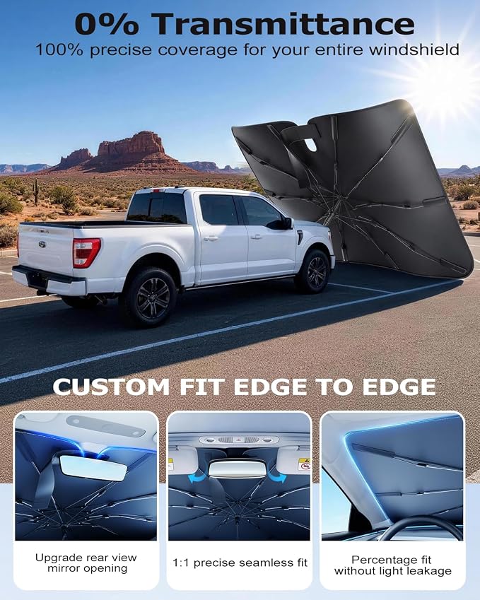 DMJN Umbrella Windshield Sun Shade for GMC Sierra 1500 2500 3500 (2014-2026), Car Sunshade for Front Windshield [Nano Ice-Crystal Coatings] UPF50+ Heat & UV Block, Protect Interior & Keep Cooler - Image 9