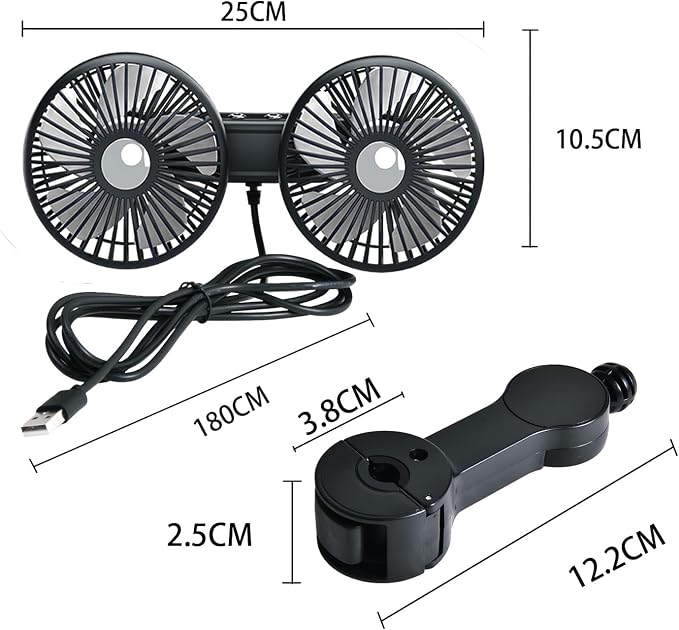 ELOHEI 12V Quiet 3 Speed 360° Rotate Dual Head Backseat Car Fan | Usb Car Fans Strong Wind Power for Universal Cars SUV Sedan Trucks(Black) - Image 6