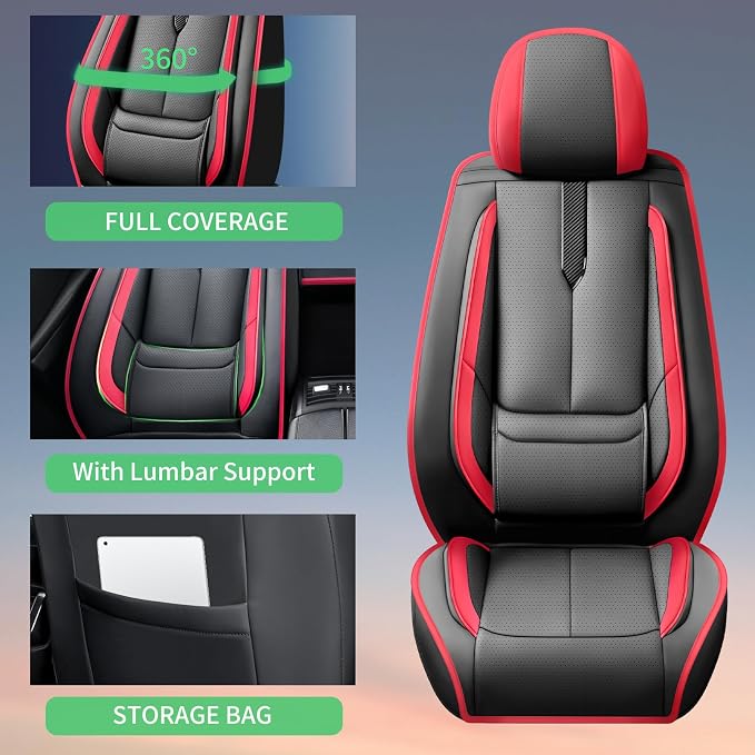 Fit Maxima Car Seat Covers for Nissan Maxima 2011-2021 2022 2023-Upgraded Premium Waterproof & Breathable Leather,Airbag Compatible,All-Weather Seat Cushion Protector,2 Front/Black-Red - Image 8
