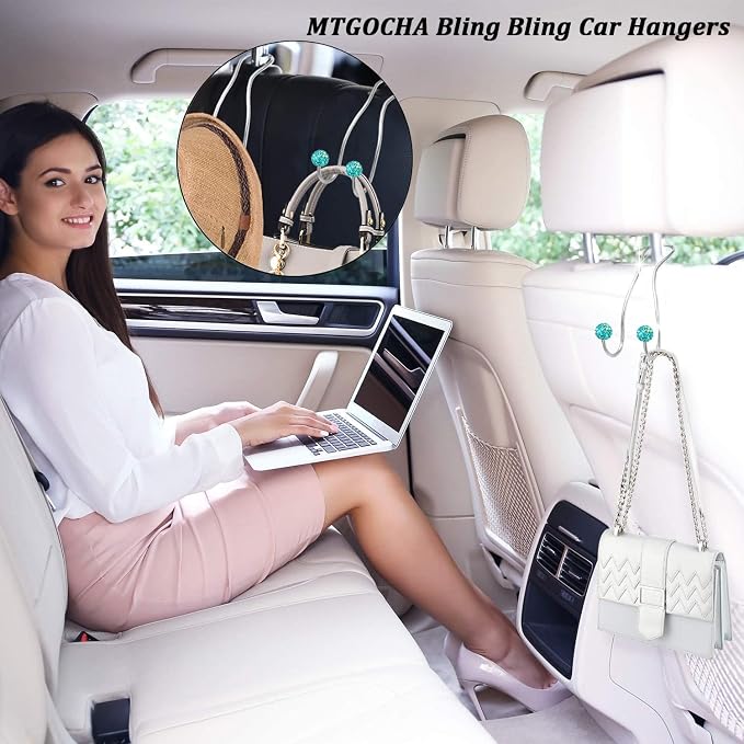 Bling Purse Hook for Car Headrest, Cute Car Seat Hooks (2Pack) | Upgraded,Durable Stainless,Car Purse Hanger,Purse holder,Rhinestones,Bag Hooks,Car Hooks for Purses and Bags Cute,Lake Blue - Image 2
