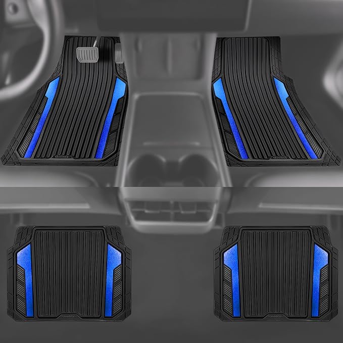 CAR PASS Heavy Duty Rubber Car Mats Metallic,Aluminum Film All Weather Floor Mats Waterproof Universal Trim to Fit Automotive SUV Sedan Van 4 Piece Anodized Deep Dish Two-Tone Sporty Black Blue Chrome - Image 5