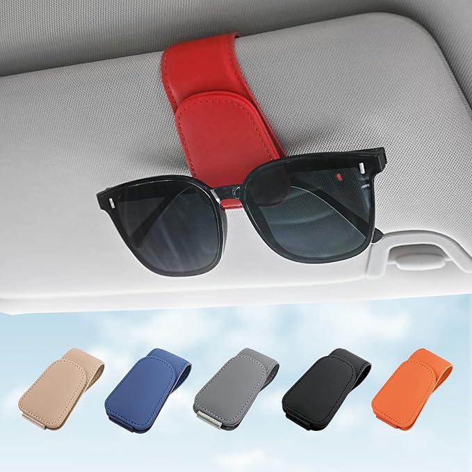Sunglass Holder for Car Sun Visor Sunglasses Clip Car accessories -Red | sun visor organizer, ticket card clip, eyeglass sunglasses holder, one-handed magnetic, anti-scratch, car stuff for women men by KanSmart