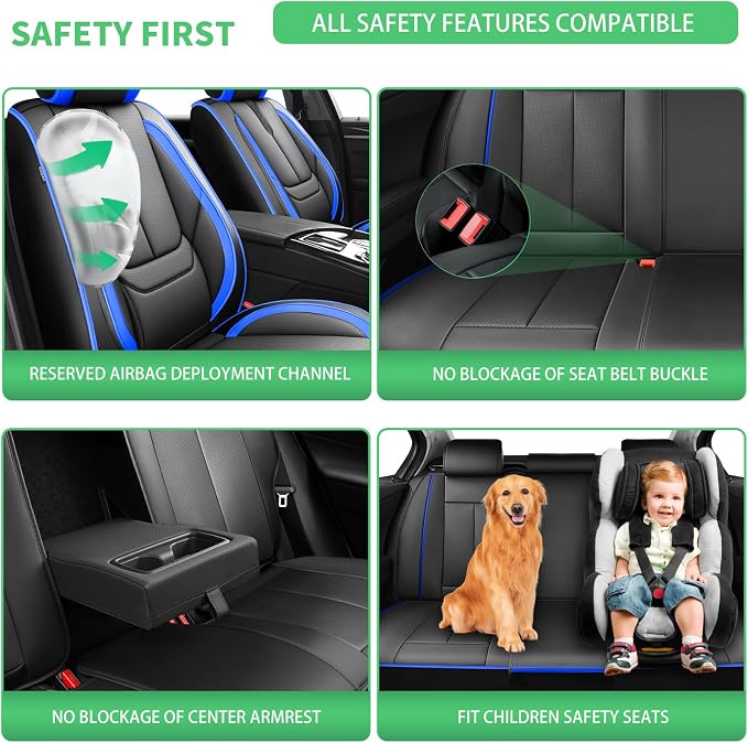 Fit Juke Car Seat Covers for Nissan Juke 2010-2017 2018 2019-Upgraded Premium Waterproof & Breathable Leather,Airbag Compatible,All-Weather Seat Cushion Protector,Full Set,Black-Blue - Image 5