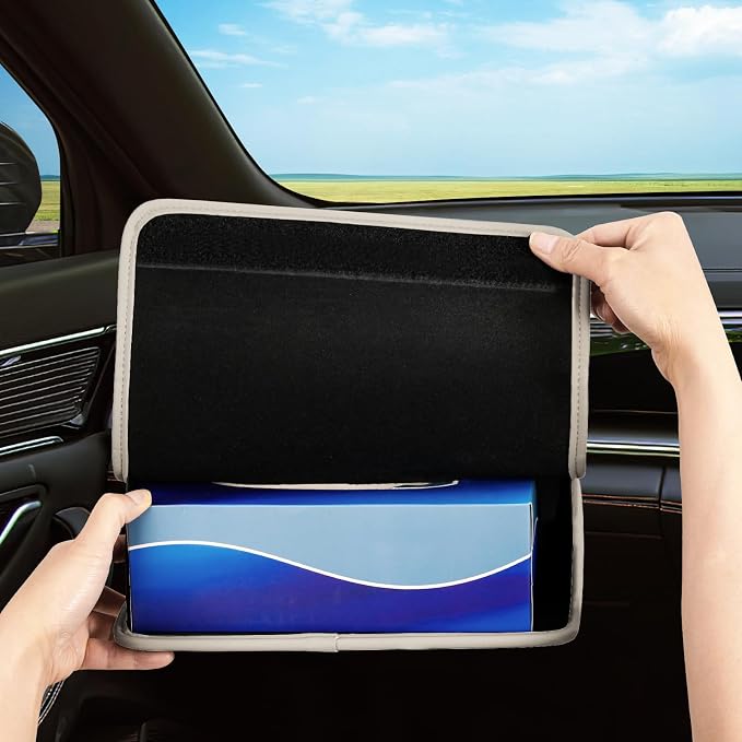 WHHMK Large Car Tissue Holder Refill Easily Clamshell Opening, Grey 1PC | Tissue Box Cover Keep Car Tidy, Premium PU Leather Backseat Napkin Rectangle Organizer in Auto, Fits 100-150 Count Tissues - Image 7