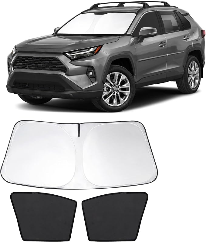 3PCS Car Window Shades Front Windshield Sun Shade Foldable Window Shade Custom Fit for Toyota RAV4 2019-2024 Accessories Car Shades for Front Windows Anti-UV Rays Block Heat by FannycCargoCover