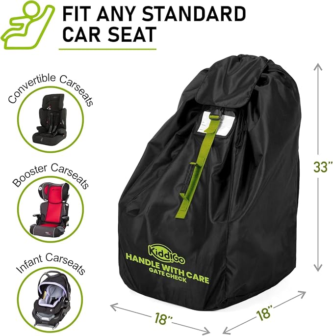 KiddiGo Car Seat Travel Bag For Airplane, Black & Green, 33” H x 18” W x 18” D, Fits Most Standard Convertible, Booster & Infant Car Seats, Gate Check Universal Size Car Seat Cover, Easy Carry Design - Image 4