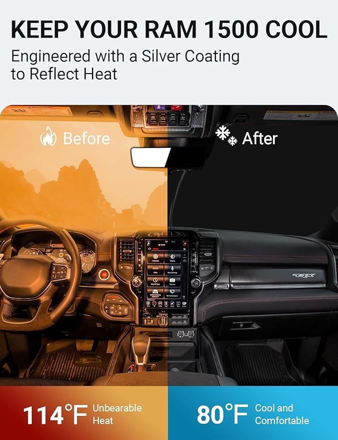 Proadsy Custom Fit Car Windshield Sun Shade for 2019-2025 Dodge RAM 1500 | 240T Heat Shield, Drops Temp 54°F, Blocks 99% UV, Prevents Dashboard Cracking, Summer Parking & Beach Trips, Easy Twist-Fold - Image 3