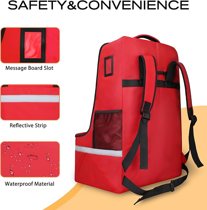 LARIPOP Car Seat Travel Bag for Airplane, Universal Gate Check Car Seat Bag, Padded Backpack with Waist Belt, Reflective Strips & Protective Feet, Fits Infant Convertible Booster Seats, Red - Image 3