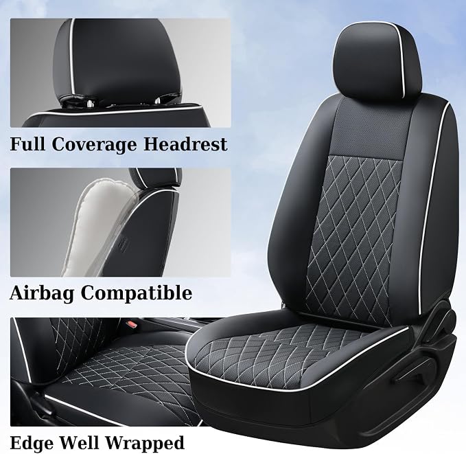 Coverado Tacoma Seat Covers Full Set, Faux Leather Seat Covers Custom Fit for 2016-2023 Toyota Tacoma Double/Crew Cab Base Prerunner SR5 Limited TRD Sport Interior Covers (White Line) - Image 3