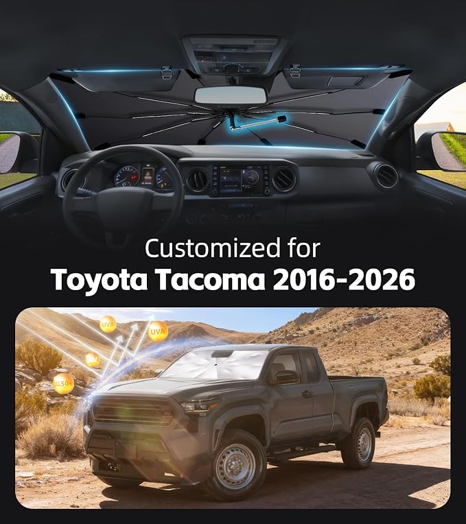 Windshield Sun Shade for Toyota Tacoma 2016-2026 with 360° Rotating Shaft | Custom Fit Umbrella Sunshade for UV Blocking, Interior Heat Protection, Easy Storage, UPF 50+ Cool Windshield Cover - Image 2