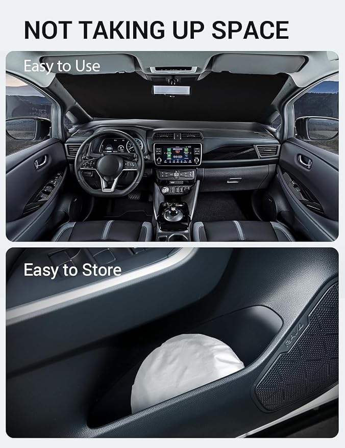 Proadsy Custom Fit 2018-2026 Nissan Leaf Windshield Sun Shade, Blocks Heat | 240T Heat Shield, Drops Temp 54°F, Blocks 99% UV, Prevents Dashboard Cracking, Summer Parking & Beach Trips, Easy Twist-Fold - Image 9