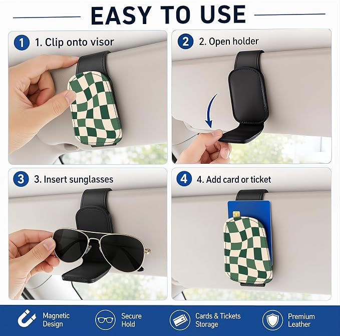 Leather Magnetic Sunglass Holder for Car Sun Visor, Cute Eyeglass Ticket Card Hanger Clip, Universal Auto Interior Accessories for SUV Pickup Truck, Green Checkered - Image 5