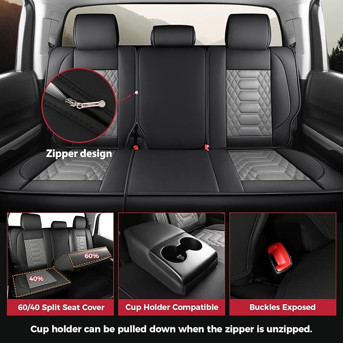 FREESOO Custom Leather for Toyota Tundra Seat Covers 2007-2013 Crewmax Cab | Fit for Crewmax Cab 5 Seats, Full Set, 60/40 Split Bench, Faux Leather, for Truck Toyota Tundra Accessories, BlackGrey - Image 4