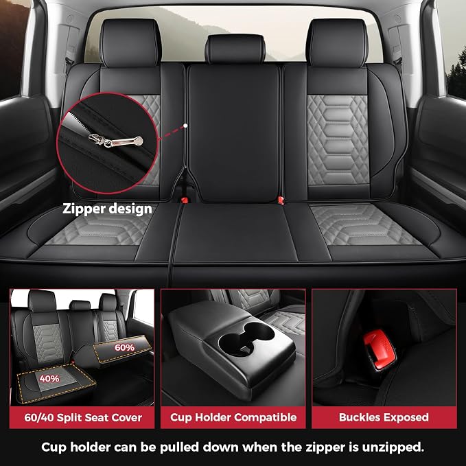 FREESOO Custom Leather for Toyota Tundra Seat Covers 2014-2021 Crewmax Cab | Custom Fit, Full Set, 60/40 Split Bench, Waterproof Faux Leather, for Truck Toyota Tundra Accessories, BlackGrey - Image 4