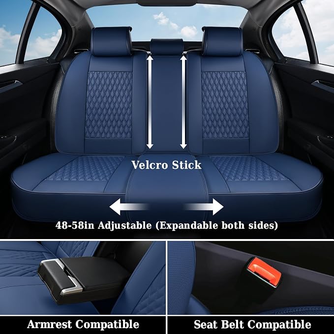 Coverado Car Seat Covers Full Set, Nappa Leather Seat Covers for Car, Waterproof Car Seat Protector with Lumbar Support, Automotive Seat Covers Universal Fit for Most Cars SUV Trucks (Blue) - Image 5