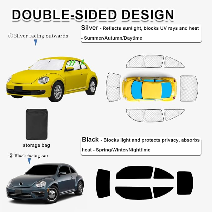 KMF 6pcs Thicken Sun Shades for Volkswagen VW Beetle 2012-2019 Accessories, Full Car Window Covers Sunshade for Windshield Side Rear, Custom Fit UV Block and Privacy Blackout for Car Camping Outdoor - Image 5