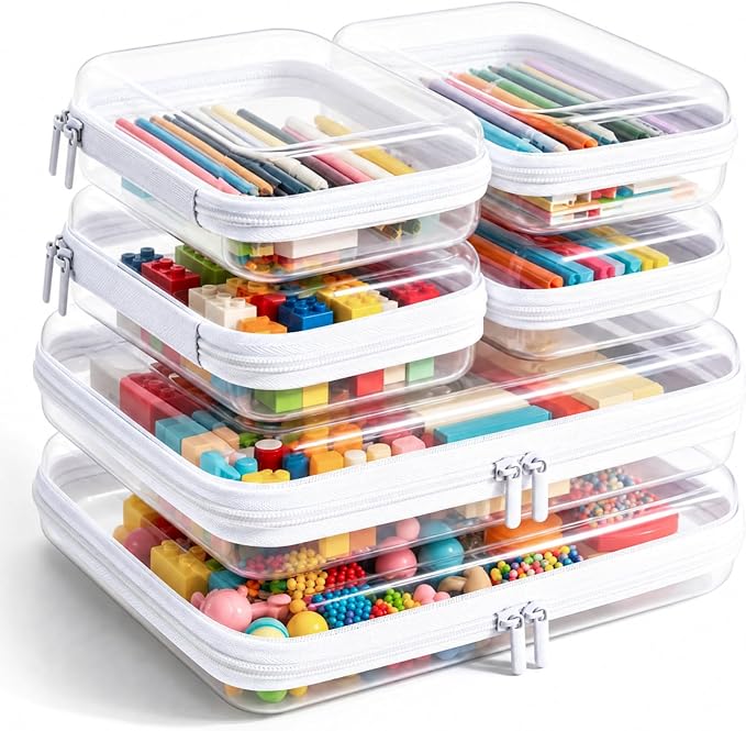 Clear Hard Shell Zipper Case, Crush-Proof Clear Zipper Pouches, TSA Approved Travel Toiletry Bag, Waterproof Makeup Bag & Diaper Bag, Organizer Bins for Toy Storage, Travel Accessories 2L+4S-White by CEOJPA