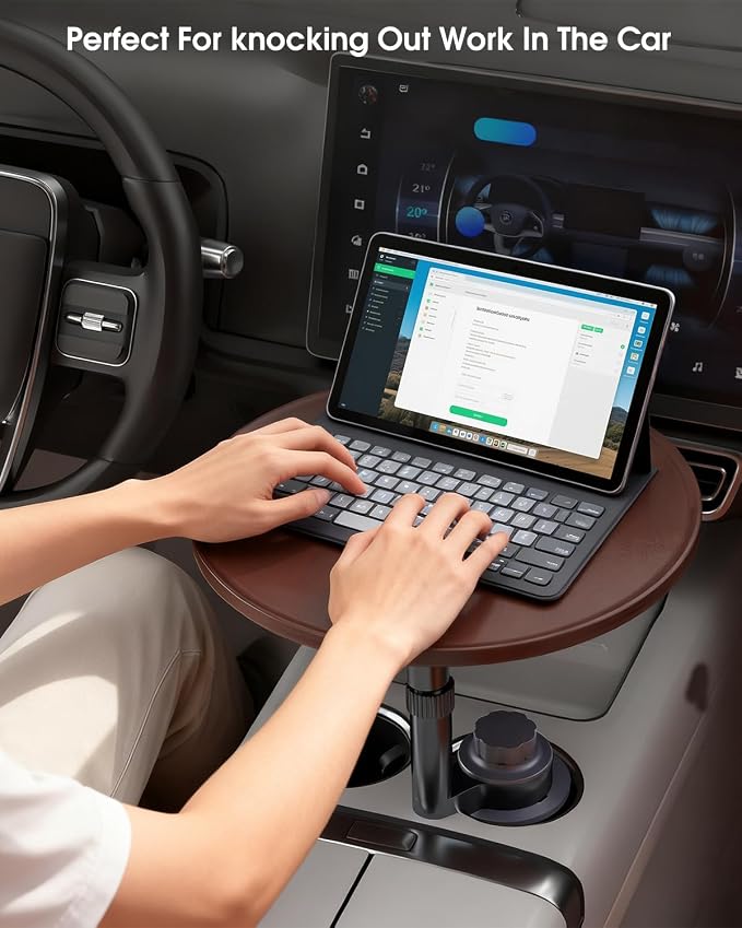 Car Tray Table & Car Laptop Desk with 360° Rotation & Phone Holder - Wooden Cup Holder Table, Car Laptop Mount & Food Tray Compatible with Tesla Model Y/3/S and Most Vehicles Walnut - Image 2