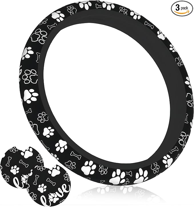 Paw Print Steering Wheel Cover Universal 15 Inch +2 Pieces Car Coasters | Anti-Slip Breathable Car for Men/Women Dog Paw Print Steering Wheel Cover Dogs Prints by Unknown