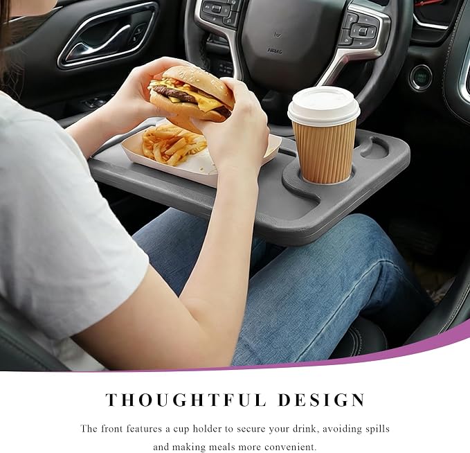 Car Steering Wheel Desk, 2 in 1 Multipurpose Auto Seat Stand Tray for Food Drink Laptop, Portable Double Sided Vehicle Steering Wheel Table for Eating & Work, Car Accessories (Gray) - Image 4