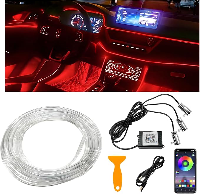 Interior Car LED Strip Lights with APP Control, 3 in 1 RGB Ambient Lighting Kit with 197 inches Fiber Optic, 16 Million Colors Neon Strip USB Music Sync Atmosphere LED for Vehicles by Unknown