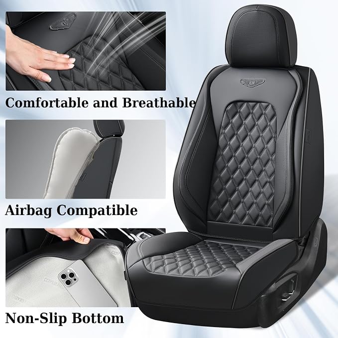 Coverado Full Set Car Seat Covers, Black Leather Seat Protectors, Luxury Front & Back Car Seat Covers,Waterproof Universal Fit, Automotive Seat Covers for Most Cars-Black - Image 2