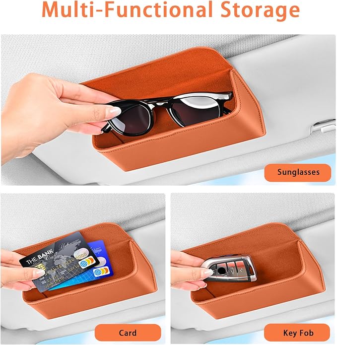Universal Car Sunglasses Holder for Sun Visor, Premium Magnetic Leather Eyeglass Hanger Clip & Visor Organizer, Large Capacity Car Interior Accessories Fit for Women Men Orange - Image 5