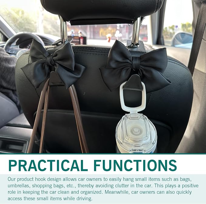 2PCS Car Seat Headrest Hooks, Car Purse Hook for Car, Cute Bow Car Rear Seat Storage Hooks, Interior Decorating Accessories for Purses, Bags, Umbrellas (Black) - Image 6