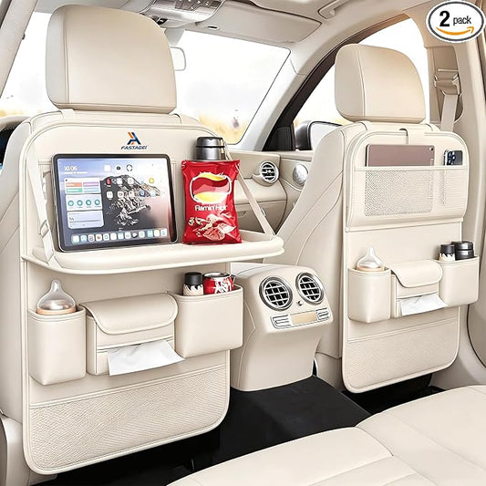 2 Pack Universal Foldable Car Backseat Organizer with Table Tray, Car Seat Back Protector with Touch Screen Phone Holder, Premium Leather Kick Mats with Storage Pockets Tissue Holder (Beige) by FASTAGEI