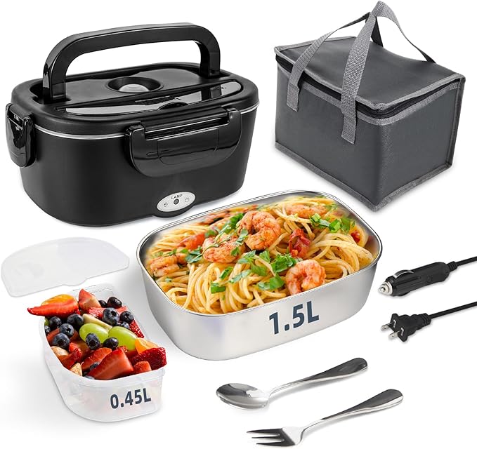SOHIDA 1.5L Electric Lunch Box, 80W Heated Lunch Box (Matte Black) | Portable Warmer for Car/Truck/Work, 12V/24V/110V Lonchera Eléctrica Portátil, Suitable for Ideal Driver/Work/Gift by SOHIDALunchBoxes