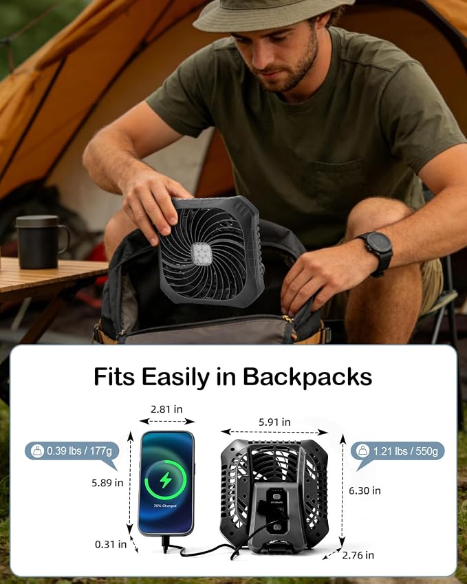 Odoland Portable Camping Fan with LED Lantern, 40H Rechargeable Battery Fan | Quiet Tent Fan with Hanging Hook for RV Car Beach Outdoor Hurricane Emergency Outages, 4-Speed Wind & 3-Color Light, Black - Image 4