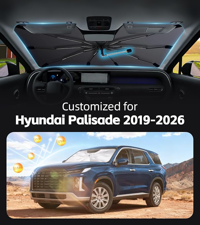Windshield Sun Shade for Hyundai Palisade 2019-2026 with 360°Rotating Shaft | Custom Fit Umbrella Sunshade for UV Blocking, Interior Heat Protection, Easy Storage, UPF 50+ Cool Windshield Cover - Image 2