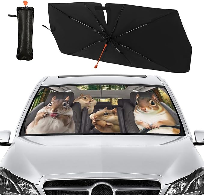 Socira Funny Squirrels Car Windshield Sunshade Umbrella Foldable Visor | Umbrella Sun Shade Cover Funny Animal Sunshade Front Window Cover Squirrels Car Accessories Blocks Uv Rays 57" X 30" - Image 8