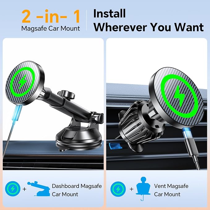 Coolpow for MagSafe Car Mount Charger【Ultra Magnet】 Magnetic Phone Holders for Your Car Charger【Windshield+Vent+Dash】 Magnetic Wireless Car Phone Holder Charger Car Mount for iPhone 17 (Carbon Fiber) - Image 2