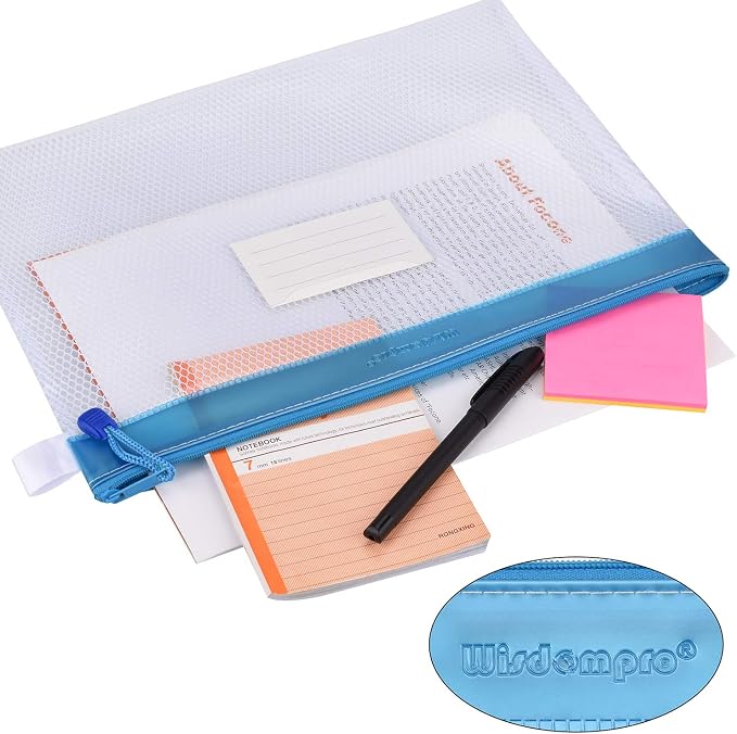 Wisdompro Zipper Pouch, 4 Pack Waterproof Mesh File Bag, Document Organizer | 13.3x9.8", Letter Size Mesh Bag with Outer Label Pocket, Durable, Perfect for File, Paper, Pen, Office, School, Home, Blue - Image 2