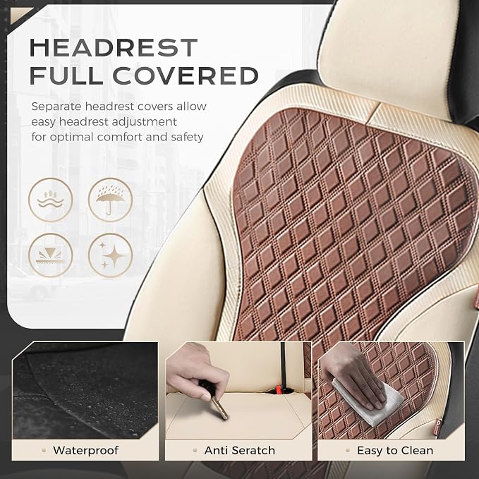 Coverado Car Seat Covers Full Set, Beige Brown Car Seat Covers, Luxury Diamond Leather Car Seat Cover with Carbon Fiber Weave, Spill-Proof Seat Cushions, Automotive Seat Cover Universal Fit Most Cars - Image 3