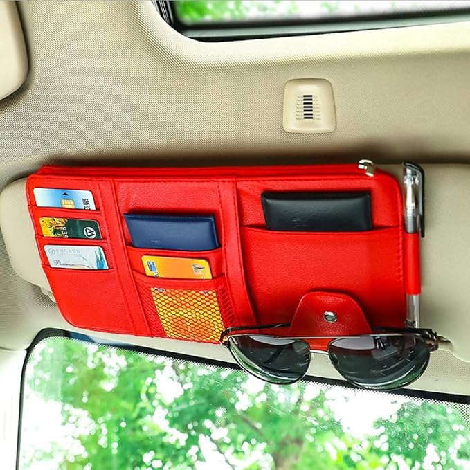 Red Car Sun Visor Organizer, Portable Card & Document Visor Storage Pocket | Visor accessories multi-slot design stores docs, cards & sunglasses, slim fits all vehicles without obstructing sight by SEMBEM