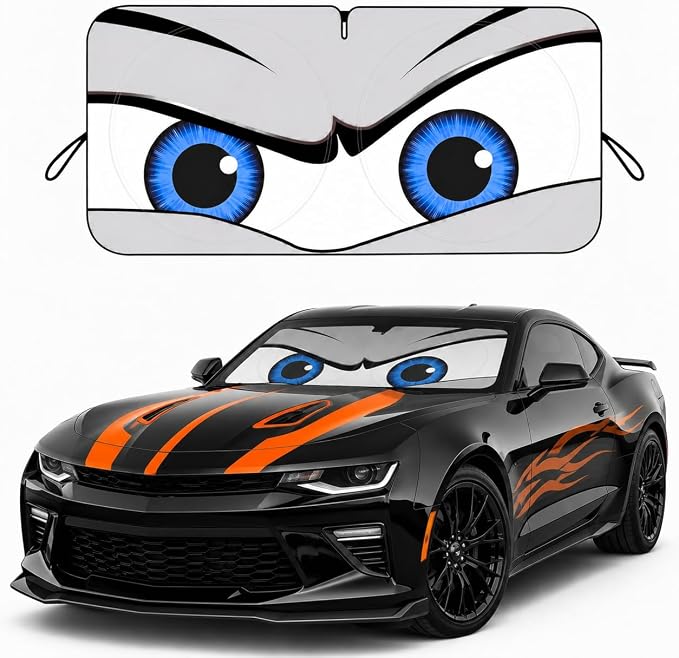 Car Windshield Sun Shade, Universal Fit Compact Sedan SUV, Cool Gray | 57 x 29.5" Car Sun Visor, Foldable Front Window Sunshade, UV Heat Protection, Cute Eyes Series by eygeufg