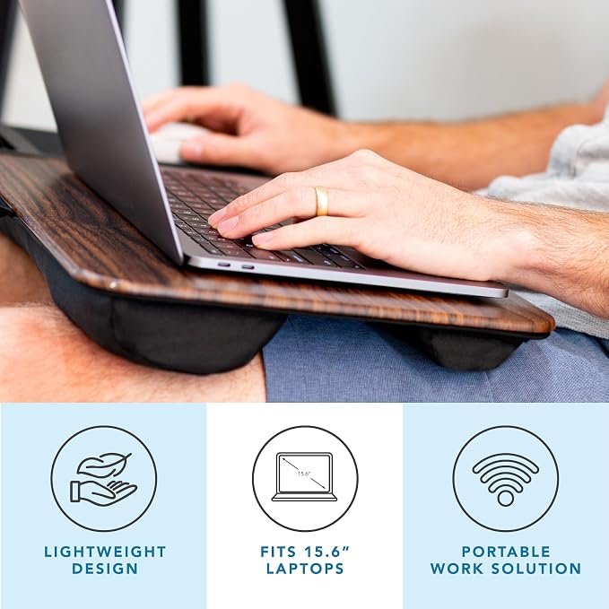 LAPGEAR Home Office Lap Desk – Espresso Woodgrain, Fits 15.6” Laptops | Built-In Mouse Pad & Phone Slot, Integrated Device Ledge, Dual-Bolster Microbead Cushion, Carry Handle - Image 2